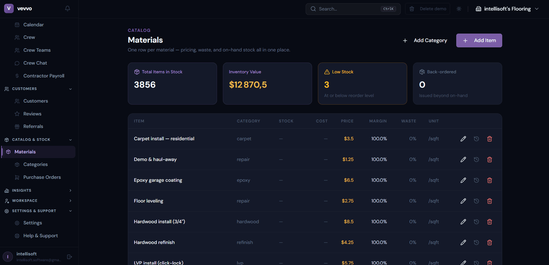 VEVVO: Materials — catalog and inventory in one source of truth