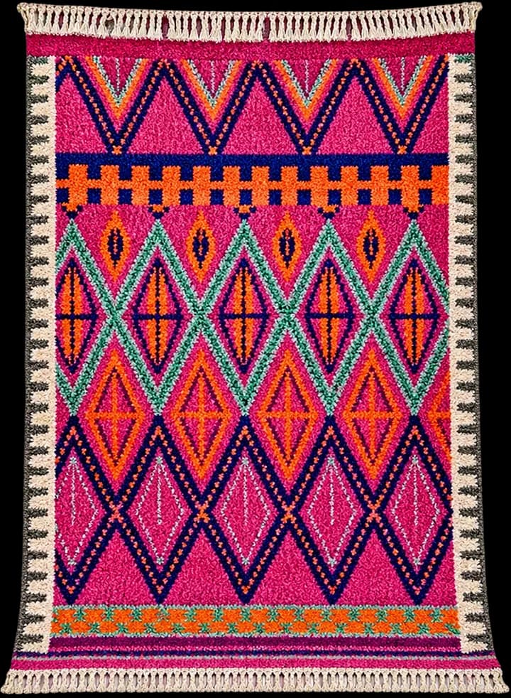 A hand-knotted Moroccan zerbia rug in pink, orange, green and blue