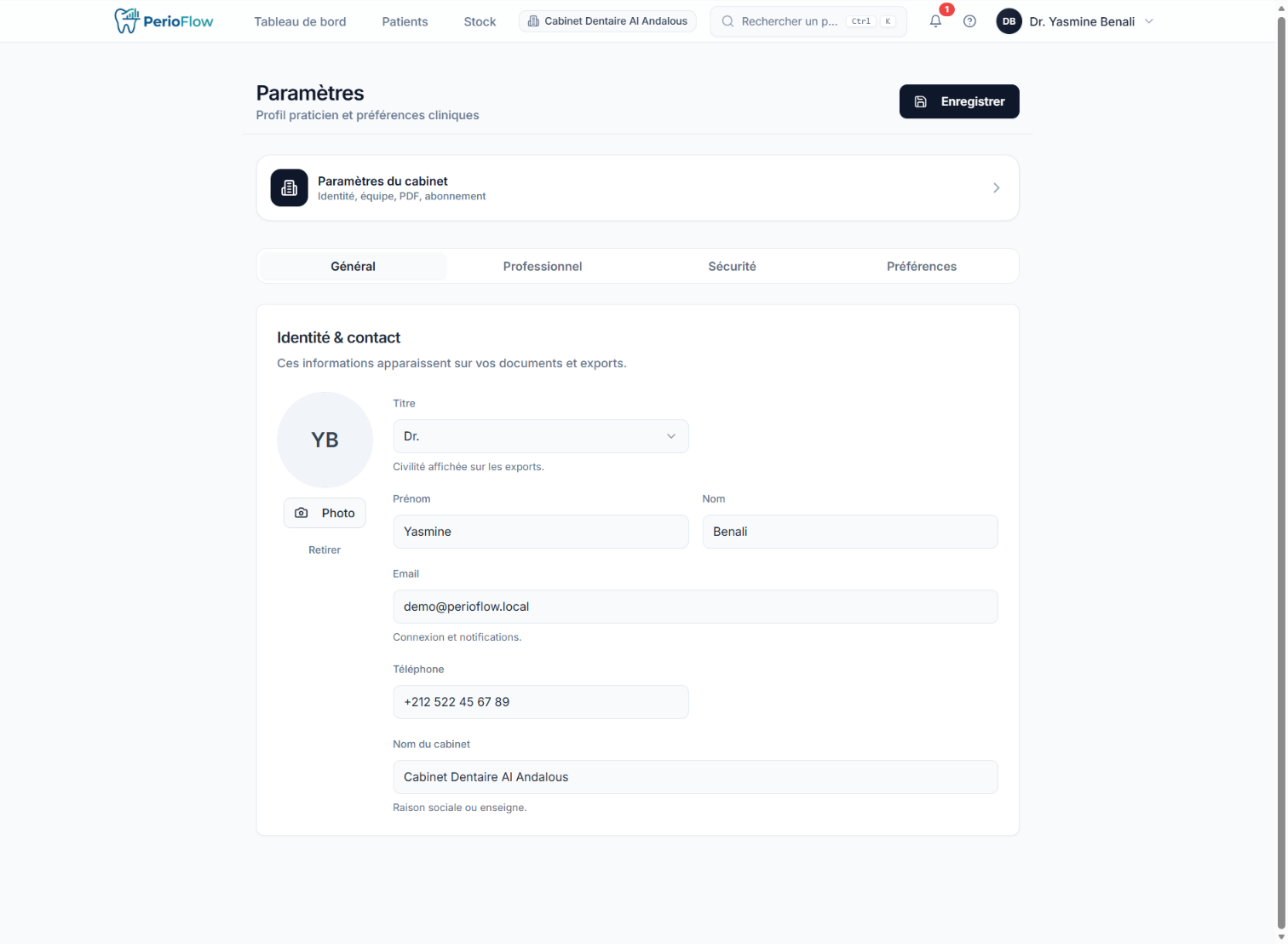 PerioChart Pro — Cabinet parameters & team