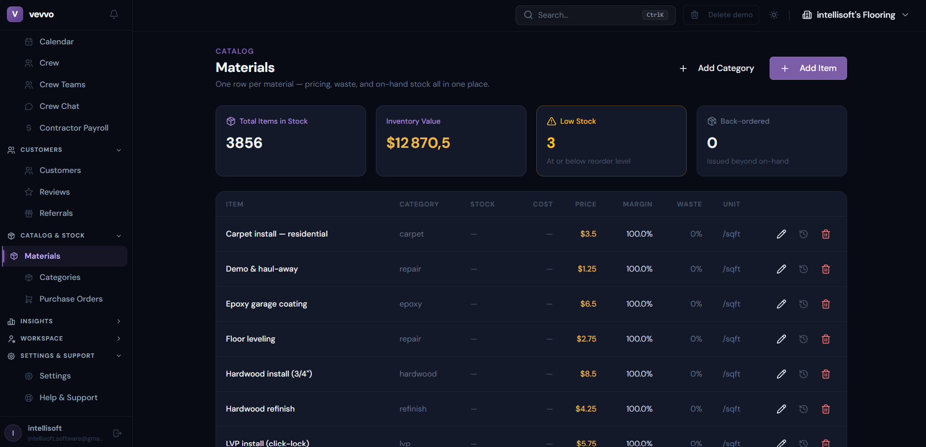 VEVVO — Materials — catalog and inventory in one source of truth